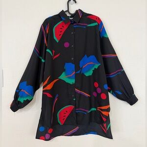 Vintage Black Abstract Print Button-Up Blouse